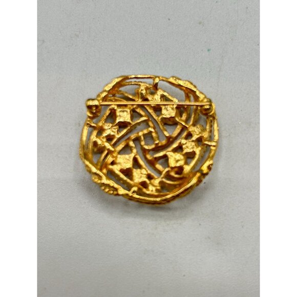 Vintage Rhinestones Pin Brooch Gold Tone Round Circle Domed Intersected Design - Picture 4 of 6